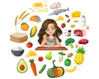 This image is for Body Mind Soul service 'Nutritional Guidance' and depicts a girl sat at a desk surrounded by various foods as if she is thinking about them all.
